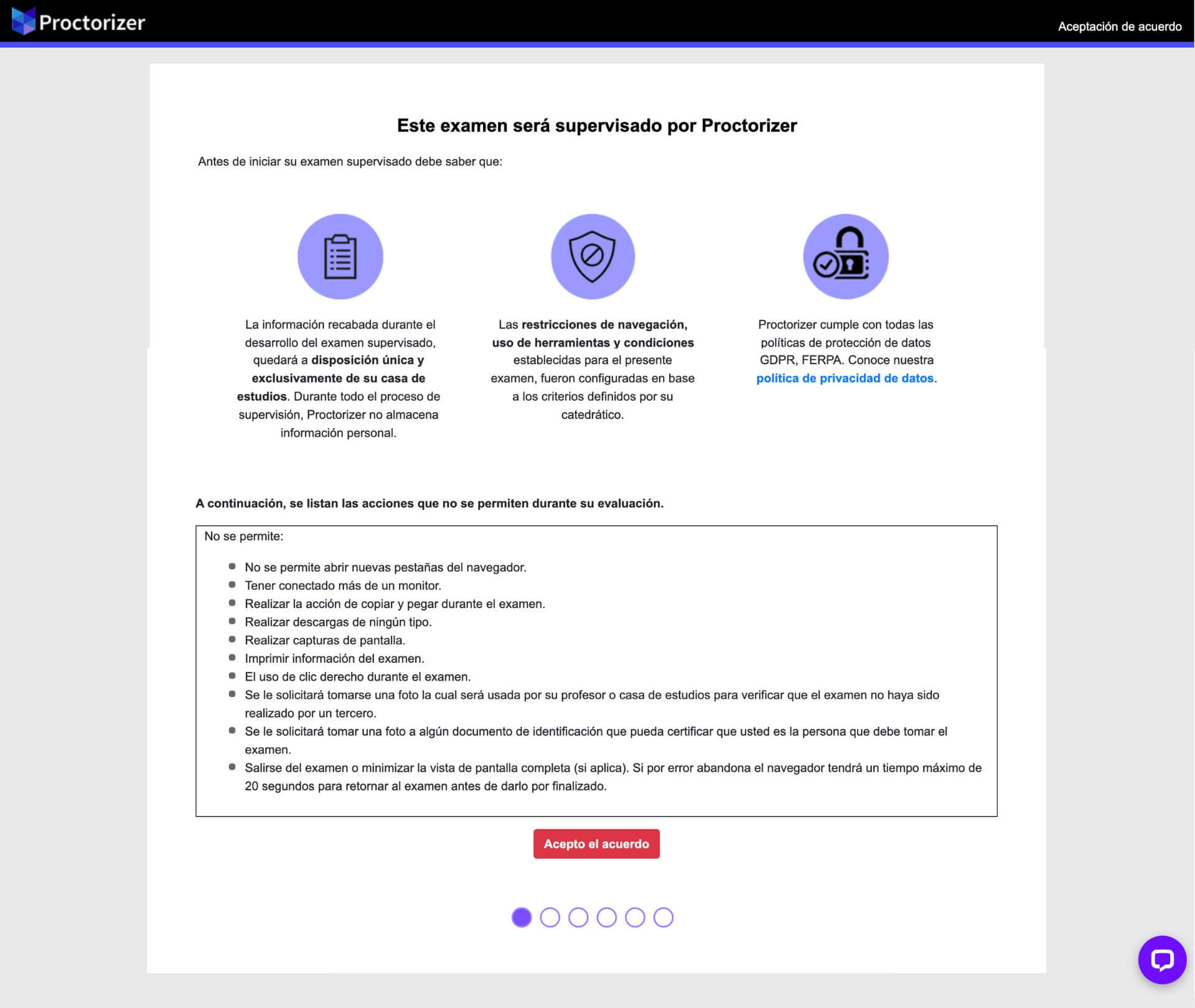 Pantalla de aceptación del acuerdo de examen