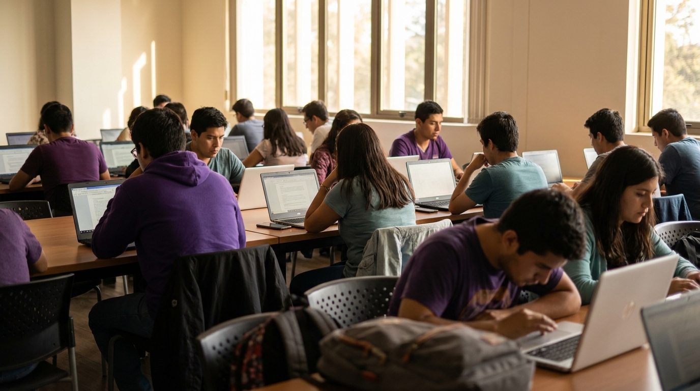 Aula llena de postulantes rindiendo un examen de admisión en computadoras