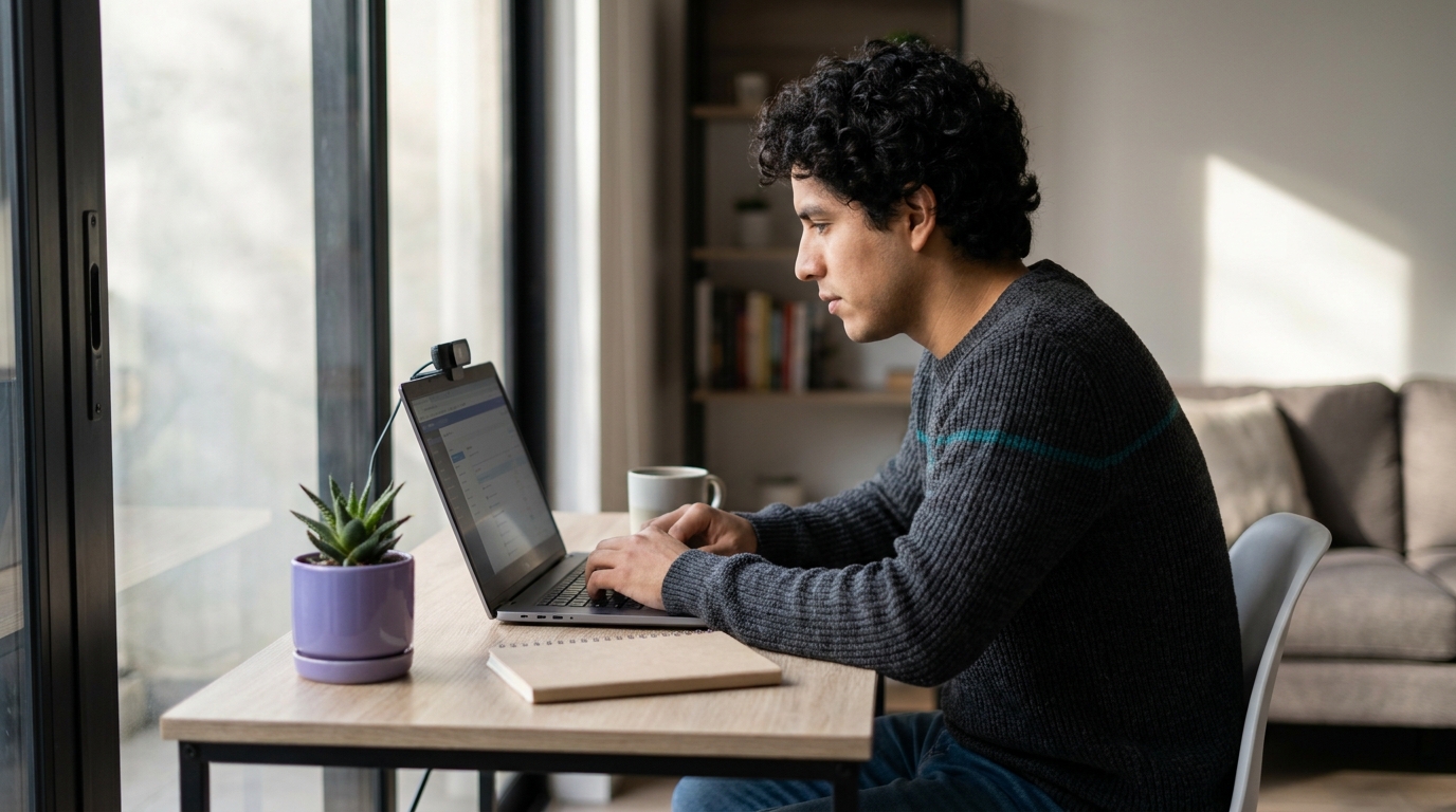 Estudiante rindiendo un examen en línea desde su casa con cámara web